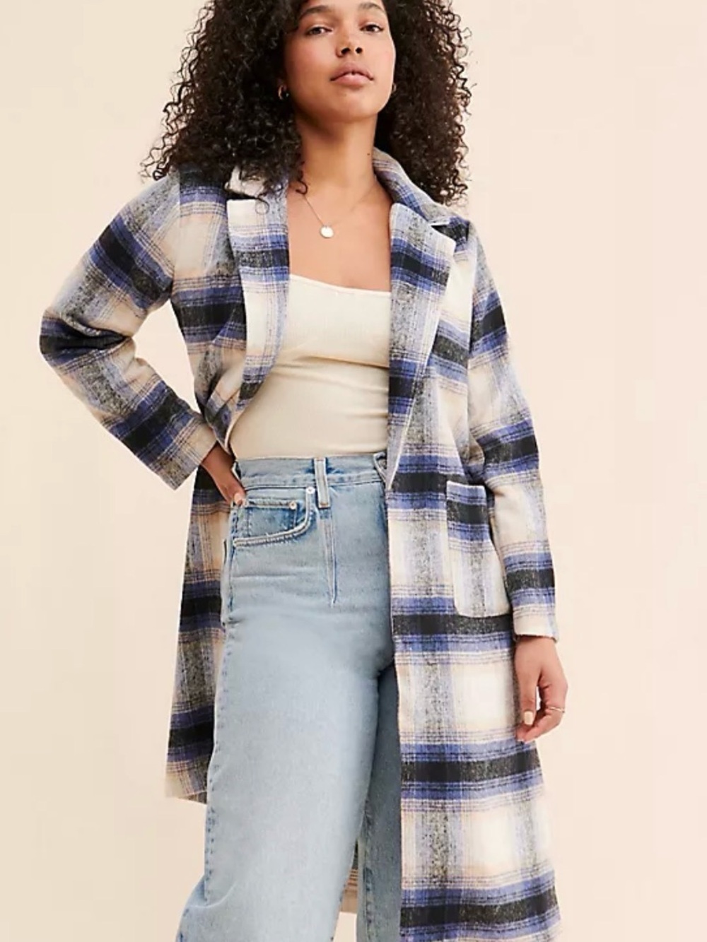 Anthropologie- Glamorous- Plaid Longline Trench Coat in Blue and Cream
